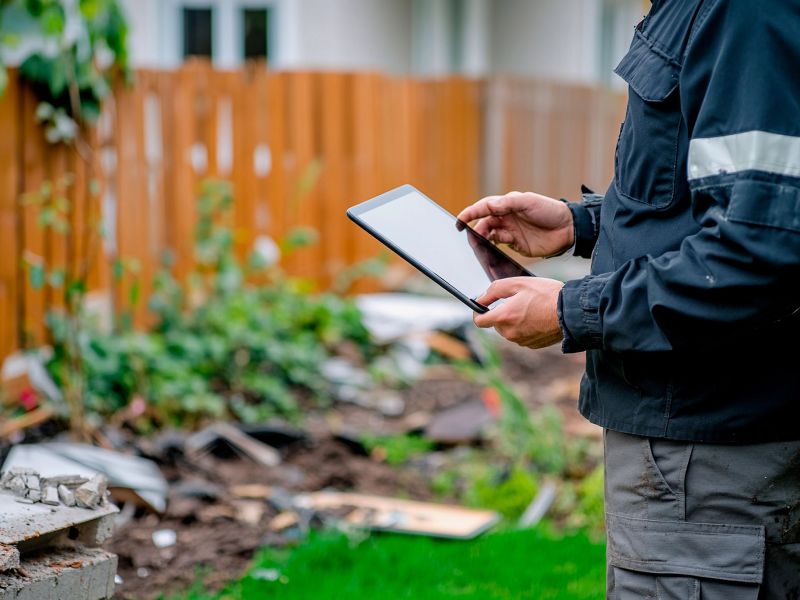 Mitarbeiter mit Tablet auf einer Baustelle im Garten, im Hintergrund liegen Bauabfälle – Bild für Beratung und Containerplanung vor Ort